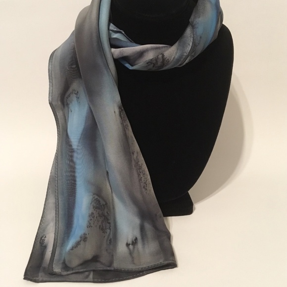 Hand Painted Silk Scarf Light Blue Charcoal Silver - Picture 2 of 5